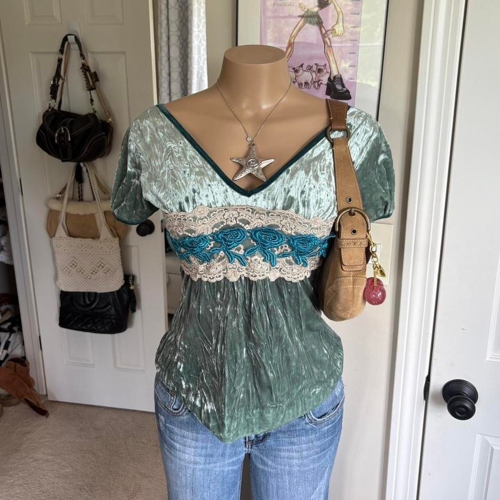 y2k 2000s avant garde green crushed velvet babydoll top